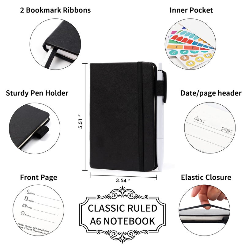 feela 15 Pack Pocket Small Notebooks Bulk, Mini Cute Notepads Hardcover College Ruled Lined Journals with Pen Holder for School Business Memos, with 15 Black Pens, 3.5   x 5.5   , A6, Black - Image 2